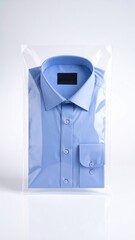 A light blue, collared dress shirt neatly folded inside a clear plastic garment bag, set against a white background