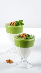 Two layered desserts in stemmed glasses, featuring a vibrant green creamy top layer, a white creamy bottom layer, garnished with walnuts and mint