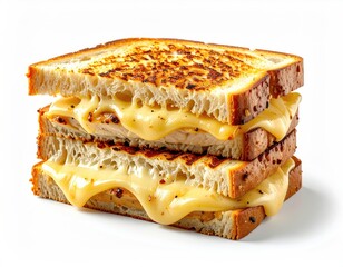 A triple-decker grilled cheese sandwich with melted cheese and grilled chicken breast, showcasing golden-brown toasted bread and oozing cheese