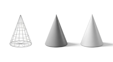 Wireframe cone, smooth cone, and dashed cone in 3d rendering