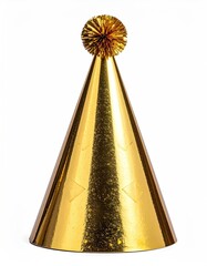 A gold metallic party hat with subtle star design and a fluffy gold pom-pom on top, standing against a white background