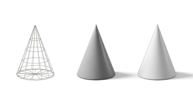 Wireframe cone, smooth cone, and dashed cone in 3d rendering