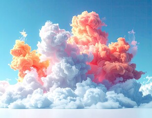 Pastel-hued, voluminous cloudscapes dominate a bright blue sky, resembling painted smoke or cotton candy, set against a flat, light surface