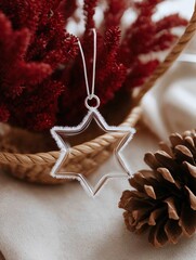 Silver star-shaped ornament hanging from a silver string. the ornament is in the shape of a star with a pointed top and a curved bottom. it is attached to a small loop at the top for hanging.