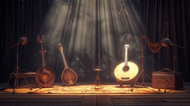 A warmly lit stage displays musical instruments including guitars a banjo cymbal and amplifiers arranged on a patterned rug