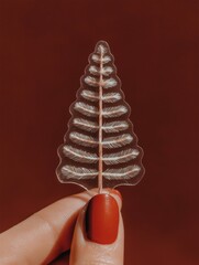 Close-up of a person's hand holding a small, transparent object. the object appears to be a fern leaf, with a pointed tip and thin, pointed leaves.