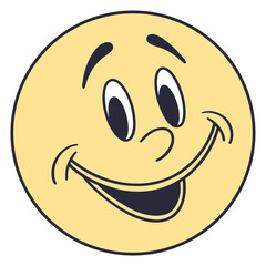 A cheerful cartoon smiley face with big eyes and a wide open mouth smiling broadly