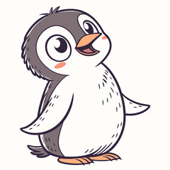 Adorable cartoon baby penguin with big eyes and rosy cheeks looking up with an open beak
