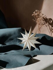Photograph of a white star-shaped object on a dark blue fabric. the star is made of paper and has six points, each with a pointed tip.