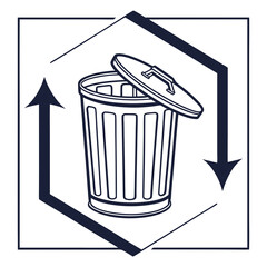 Circular recycling symbol with a trash can in the center and arrows indicating a continuous process