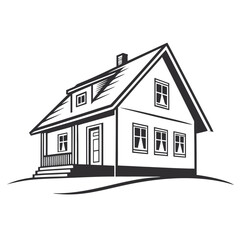 Classic black and white illustration of a charming two story house with a porch and chimney