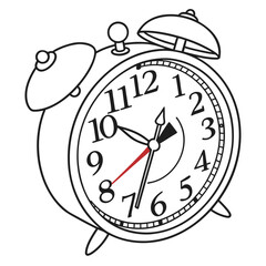 Classic twin bell alarm clock with hour minute and second hands illustrated in black and white