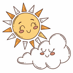 Cute cartoon sun and cloud characters smiling together on a white background