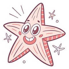 Cute happy cartoon starfish character with big eyes and a wide smile surrounded by little stars and circles