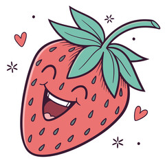 Cute happy strawberry character with a big smile and green leaves on a white background