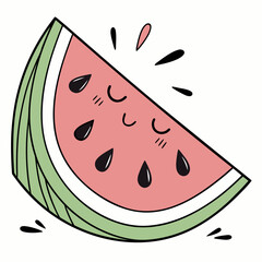Cute happy watermelon slice with seeds and blush marks a refreshing summer fruit illustration