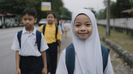 Muslim children wearing Hijab walking to school. Female Muslim parent goes with kids girls to school. wearing school bag