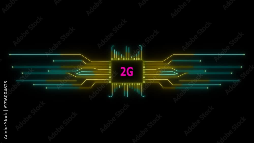 Poster neon circuit board 2g text animation. neon tech colorful for digital interfaces. 4k video