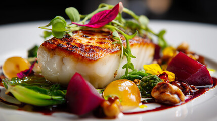 Seared Scallops and Culinary Artistry: A culinary masterpiece of perfectly seared scallops, nestled amidst an artistic arrangement of vibrant, fresh ingredients on a pristine white plate.