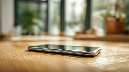 Smart Device on Wooden Surface: A sleek smartphone rests serenely on a polished wooden table, bathed in the gentle light filtering through the window.
