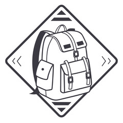Stylized outline icon of a backpack within a diamond shape emblem for travel and adventure