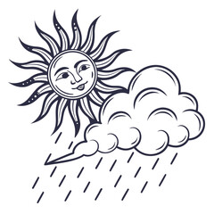Stylized sun with a smiling face and rays shines over a rain cloud with falling raindrops
