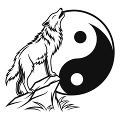 Stylized wolf howling on a rock with a black and white yin yang symbol in the background