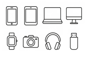 Outline style gadgets: smartphone, tablet, laptop, and more in minimalist design