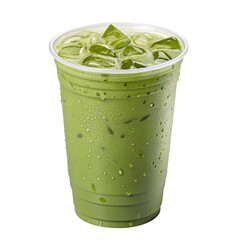 Refreshing iced matcha latte with green tea and ice cubes in a clear cup for a perfect cool drink