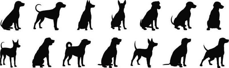 Dog silhouettes, pet animal shapes, canine breeds, sitting and standing dogs, black outline illustration, domestic pets, vector design, isolated icons