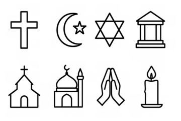 Outline icons of religious symbols and places of worship