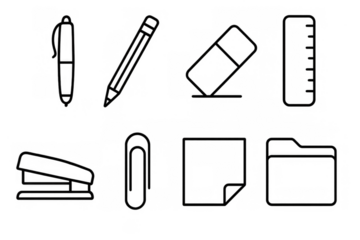 Outline icons of office supplies: pen, pencil, eraser, ruler, stapler, paperclip, notepad, folder