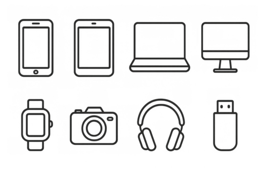 Outline style gadgets: smartphone, tablet, laptop, and more in minimalist design