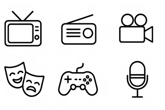 Minimalist media icons set: television, radio, movie, theater, gaming, podcast