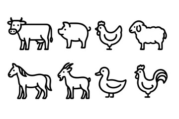 Outline icons of farm animals: cow, pig, chicken, sheep, horse, goat, duck, rooster