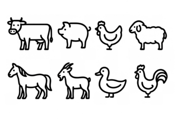 Outline icons of farm animals: cow, pig, chicken, sheep, horse, goat, duck, rooster
