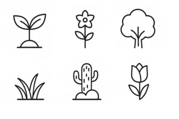 Minimalist plant and flower icons set in simple monochrome design