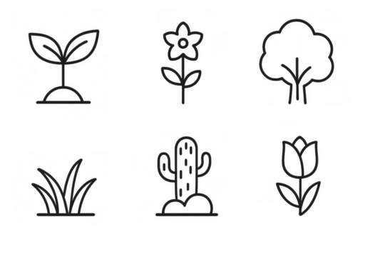 Minimalist plant and flower icons set in simple monochrome design