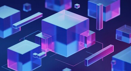 Futuristic geometric blocks forming abstract digital network structure