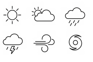 Minimalist weather icons, monochrome style for apps and forecasts