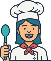 Smiling Female Chef Illustration in Uniform Holding a Spoon