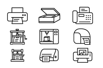 Outline icons of office and industrial printers and scanners collection