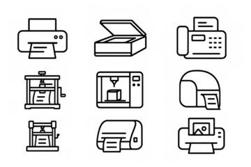 Outline icons of office and industrial printers and scanners collection