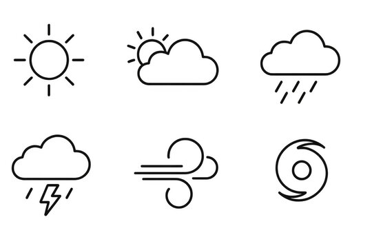 Minimalist weather icons, monochrome style for apps and forecasts