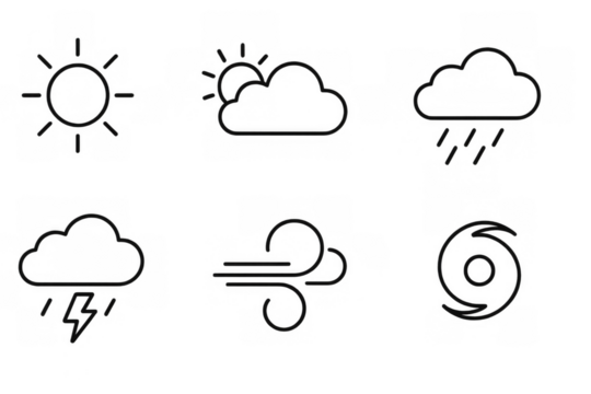 Minimalist weather icons, monochrome style for apps and forecasts