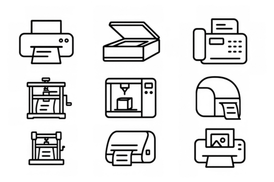 Outline icons of office and industrial printers and scanners collection