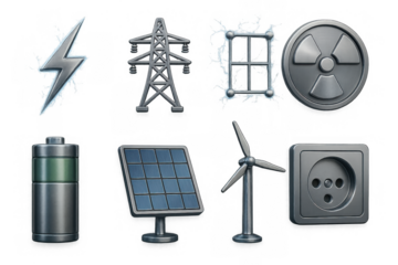 Metallic energy icons set: battery, solar panel, wind turbine, and more