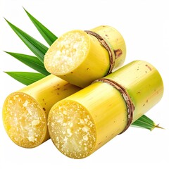 Three segments of yellowish-gold sugarcane stalks, partially sliced to reveal sweet, fibrous interior, rest on vibrant green leaves against a stark white background