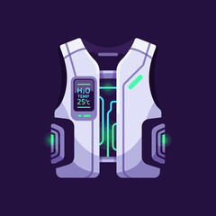 Futuristic vest with display showing water temperature, glowing elements.