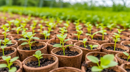 Vibrant Green Seedlings in Coco Coir Pots, a Symbol of Growth and New Beginnings in a Lush Greenhouse Setting
